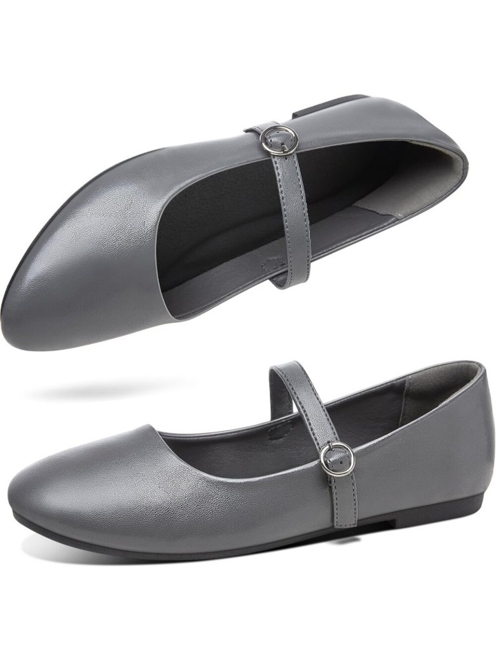 Women's Grey PU Leather Mary Jane Round Toe Ballet Flats Casual Office Shoes